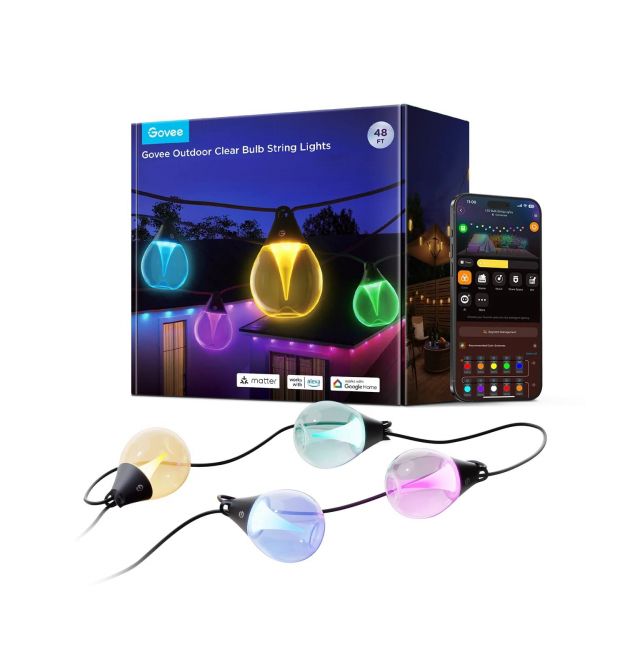 Govee Набор светодиодных ламп H7025 Outdoor Clear Bulb String Lights, 15м, RGBIC/Warm White, WI-FI/Bluetooth, чорний