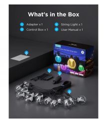 Govee Набор светодиодных ламп H7025 Outdoor Clear Bulb String Lights, 15м, RGBIC/Warm White, WI-FI/Bluetooth, чорний