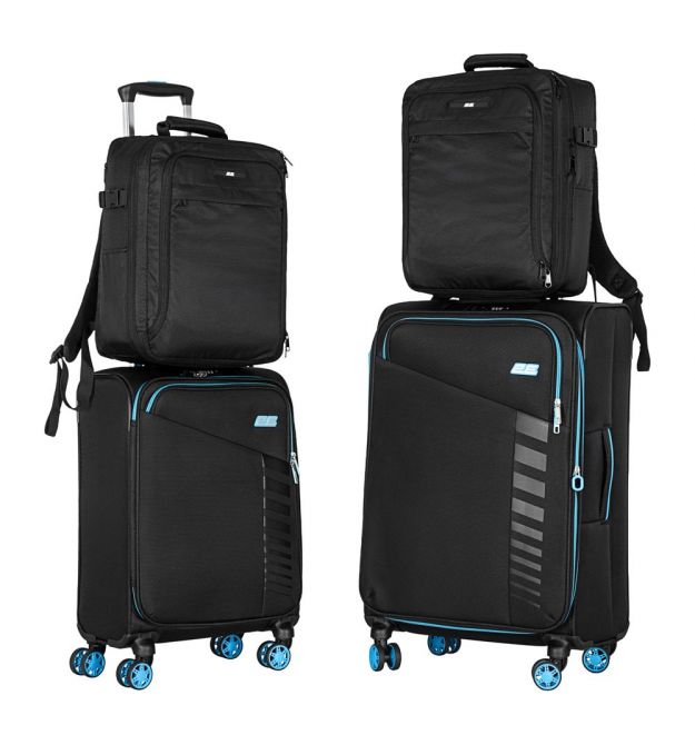 2E Набір валіз 2E, Trek, (M+S), TSA, 4 колеса, + 2 рюкзаки Cabin (2E-BPET-CABIN-BK), поліестр, чорний