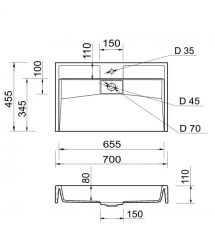 Adamant Раковина, умивальник VISION, искуственный камень, прямоуг., с отверст