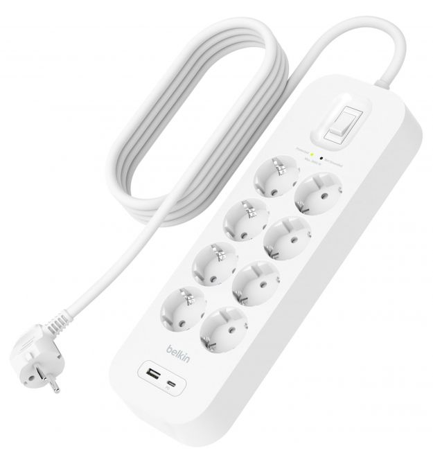 Belkin Подовжувач-фільтр мережевий 8хТип F, 3x1.5мм кв, 16А, USB-A/USB-C 18Вт, з захистом від перенапруги, 2м, білий