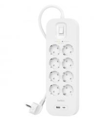 Belkin Подовжувач-фільтр мережевий 8хТип F, 3x1.5мм кв, 16А, USB-A/USB-C 18Вт, з захистом від перенапруги, 2м, білий
