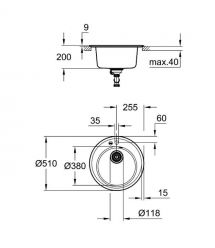Grohe Мийка кухонна K200, композит, кругла, без крила, 380х200мм, чаша - 1, врізна, чорний граніт