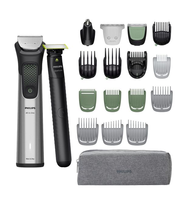 Philips Philips trimmer Series 9000 for beard, head and body, nozzles-15, steel, OneBlade included, grey