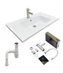 Adamant Набір для ванної кімнати, раковина, умивальник FLATE 80, штучний камінь, прямокут., з сифоном Click-Clack + змішувач
