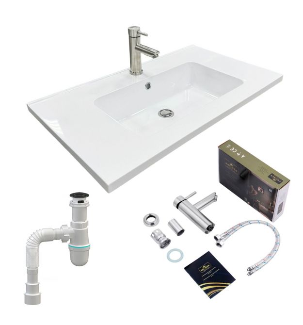 Adamant Набір для ванної кімнати, раковина, умивальник FLATE 80, штучний камінь, прямокут., з сифоном Click-Clack + змішувач
