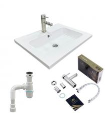 Adamant Набір для ванної кімнати, раковина, умивальник FLATE 60, штучний камінь, прямокут., з сифоном Click-Clack + змішувач