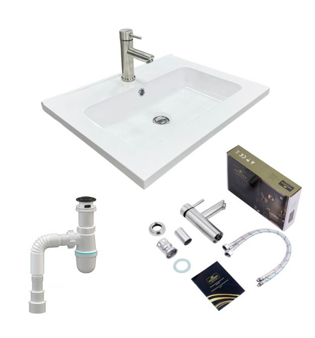 Adamant Набір для ванної кімнати, раковина, умивальник FLATE 60, штучний камінь, прямокут., з сифоном Click-Clack + змішувач