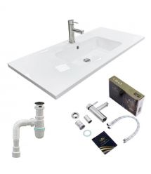 Adamant Набір для ванної кімнати, раковина, умивальник FLATE 100, штучний камінь, прямокут., з сифоном Click-Clack + змішувач