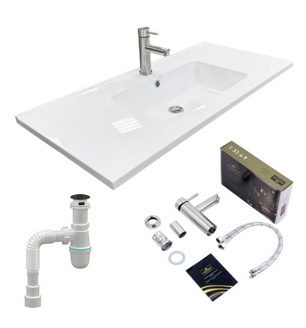 Adamant Набір для ванної кімнати, раковина, умивальник FLATE 100, штучний камінь, прямокут., з сифоном Click-Clack + змішувач