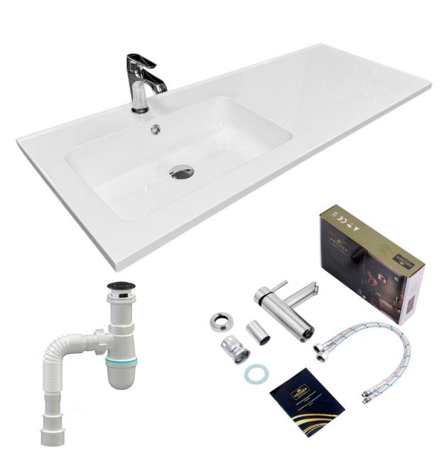 Adamant Набір для ванної кімнати, раковина, умивальник FLATE 120L, штучний камінь, прямокут., з сифоном Click-Clack + змішувач