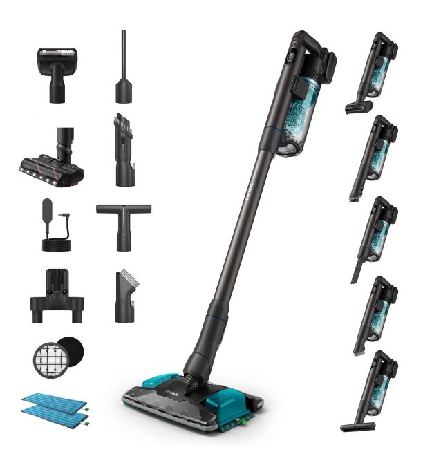 Philips Пилосос безпровідний Complete Series 8000, вологе прибирання, конт пил -0.6л, автон. робота до 80хв, чорно-блакитний