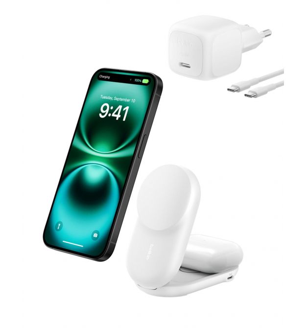 Belkin Зарядний пристрій бездротовий Belkin UltraCharge 2-in-1 Foldable Magnetic Charging 25Вт, білий