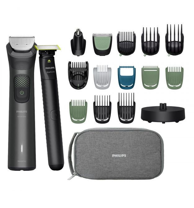 Philips Тример Philips Series 9000, для обличчя, голови, тіла, акум., насадок-19, OneBlade в компл., сталь, сірий