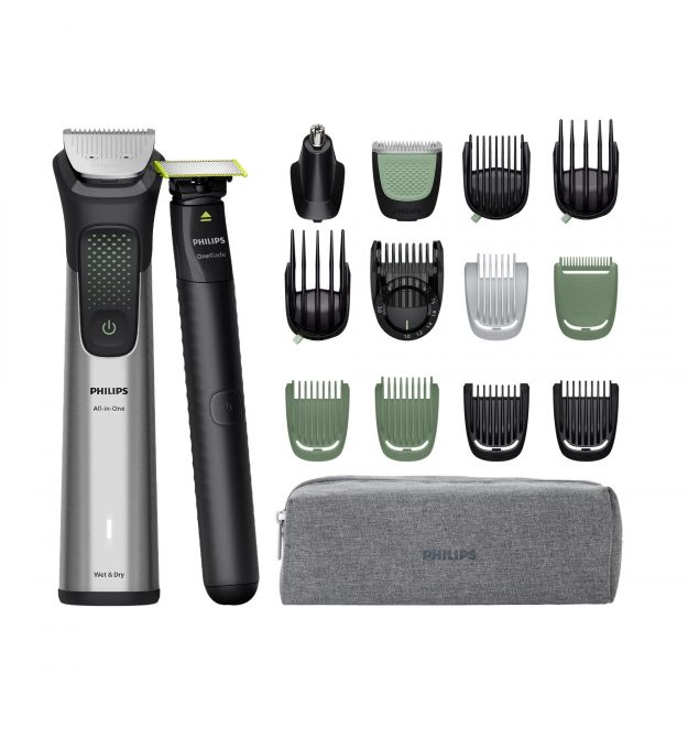 Philips Тример Philips Series 9000, для обличчя, голови, тіла, акум., насадок-17, OneBlade в компл., сталь, сірий