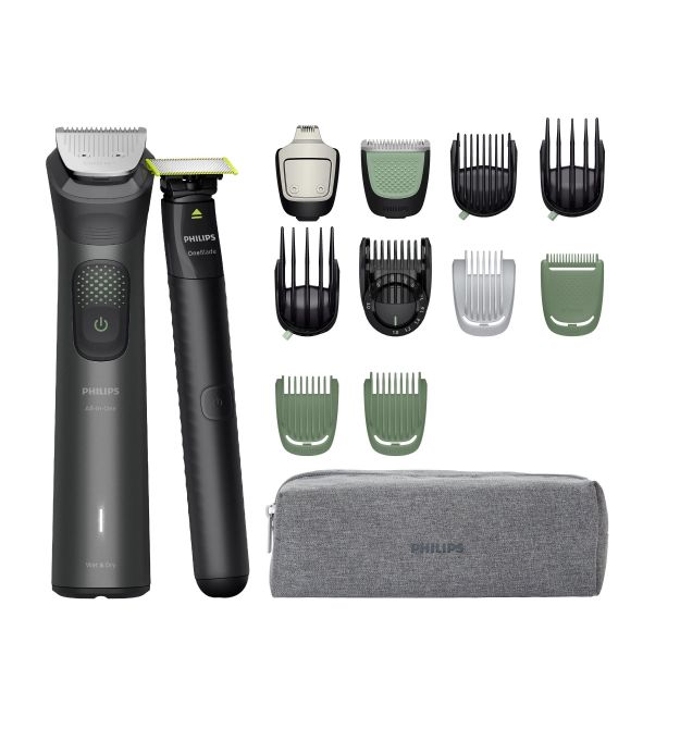 Philips Тример Series 9000, для обличчя, голови, тіла, акум., насадок-15, OneBlade в компл., сталь, сірий