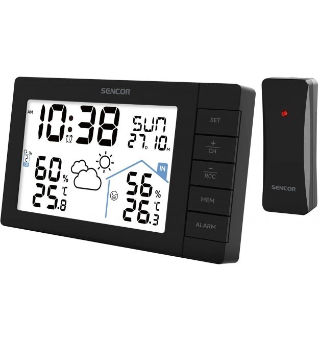 Sencor meteorological station, in/out measurement, AAx3+AAx2, temperature, humidity, time, weather forecast, black