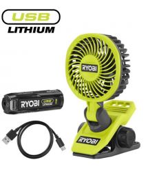 Ryobi Вентилятор аккумуляторный клипса USB Lithium RCF4-120G 4В 2А·ч 3800об·мин вращение 325° поворот 180° 2 скорости 0.29кг