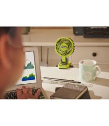 Ryobi Вентилятор аккумуляторный клипса USB Lithium RCF4-120G 4В 2А·ч 3800об·мин вращение 325° поворот 180° 2 скорости 0.29кг
