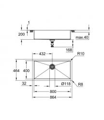 Grohe Мойка кухонная K700, нерж.сталь, прямоугольная, без крыла, 800x400x200мм, чаша - 1, универсальная, нержавеющая сталь