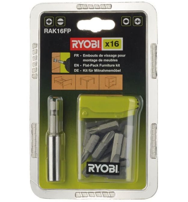 Ryobi Набор бит RAK16FP 15 бит 25мм магнитный держатель бит 60мм