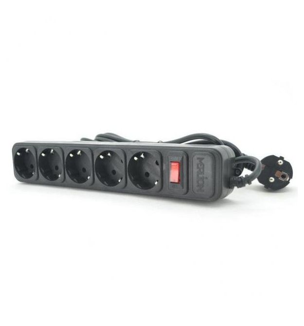 Сетевой удлинитель MERLION B5100, 220В 10А, 5 розеток, 10 м, сечение 3х0,75мм, черный Q20