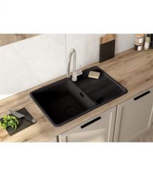 Deante Мойка кухонная Momi, гранит, прямоуг., с крылом, 780х500х230мм, чаша - 1, врезная, черный матовый + кухонная доска