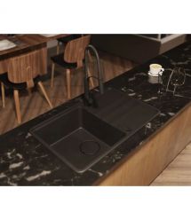 Deante Мойка кухонная Momi, гранит, прямоуг., с крылом, 780х500х230мм, чаша - 1, врезная, черный матовый + кухонная доска