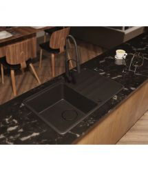 Deante Мойка кухонная Momi, гранит, прямоуг., с крылом, 670х440х230мм, чаша - 1, врезная, черный матовый + кухонная доска