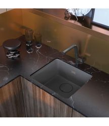 Deante Мойка кухонная Momi, гранит, квадрат, без крыла, 500х440х230мм, чаша - 1, универсальная, серый + кухонная доска