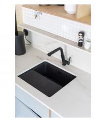 Deante Мойка кухонная Momi, гранит, квадрат, без крыла, 500х440х230мм, чаша - 1, универсальная, черный матовый + кухонная доска