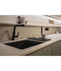 Deante Мойка кухонная Momi, гранит, квадрат, без крыла, 500х440х230мм, чаша - 1, универсальная, черный матовый + кухонная доска