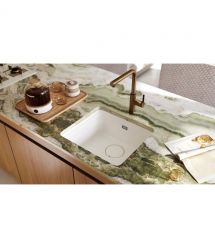 Deante Мойка кухонная Momi, гранит, квадрат, без крыла, 500х440х230мм, чаша - 1, универсальная, алебастр+ кухонная доска