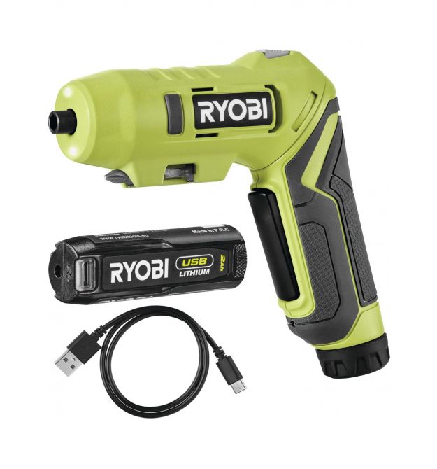Ryobi Отвертка аккумуляторная RSDP4-120G, 4В USB Lithium, акб 1х2Ач, 5Нм, поворотная ручка