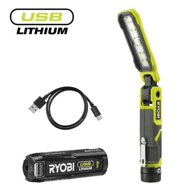 Ryobi Фонарь инспекционный аккумуляторный USB Lithium RLI4-120G, 4В, 2А·ч, 650лм, 3 режима, магнит, зажим 0.17кг