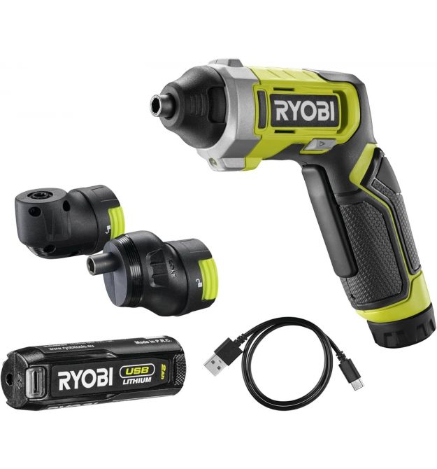 Ryobi Отвертка аккумуляторная USB Lithium RSD4-120TA2 4В 1х2А·ч 5Нм 200об·мин 2 насадки 10 бит 0.31кг кейс