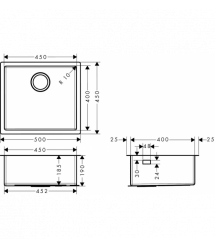 Hansgrohe Мойка кухонная Combi S71, нерж.сталь, прямоуг., без крыла, 500x450x185мм, чаша - 1, врезная/под столешницу, нерж