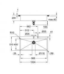 Grohe Мойка кухонная K800, нерж.сталь, прямоугольная, без крыла, 1024x510x200мм, чаша - 1, врезная, нержавеющая сталь