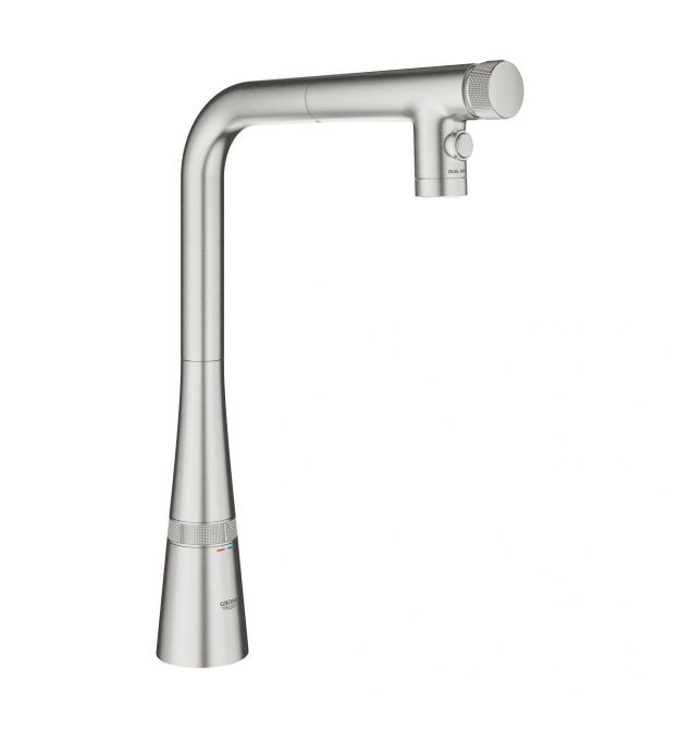 Grohe Смеситель для кухни Scala, дл.излива - 200мм, поворотный, вытяжной, вентиль + кнопка, супер сталь
