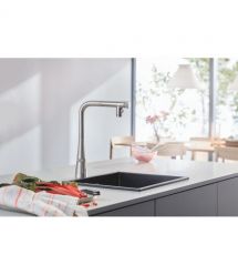 Grohe Смеситель для кухни Scala, дл.излива - 200мм, поворотный, вытяжной, вентиль + кнопка, супер сталь