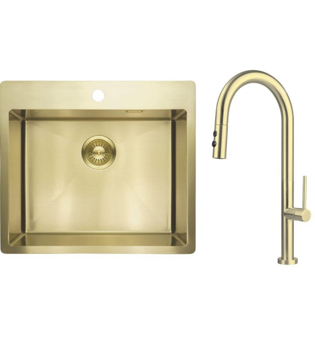 Deante Набор для кухни Olfato стальная мойка ZPO_R10B + смес. BQO_R72M, брашованое золото