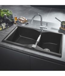 Grohe Мойка кухонная K700, гранит, прямоуг., без крыла, 838x560x241мм, чаша - 2, врезная/под столешницу, черный гранит