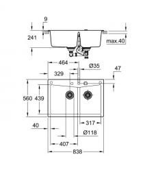 Grohe Мойка кухонная K700, гранит, прямоуг., без крыла, 838x560x241мм, чаша - 2, врезная/под столешницу, черный гранит
