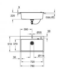 Grohe Мойка кухонная K700, гранит, прямоуг., без крыла, 780x510x220мм, чаша - 1, врезная, черный гранит