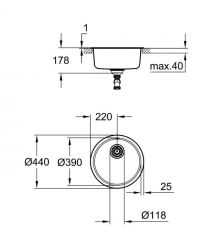 Grohe Мойка кухонная K200, нерж.cталь, круглая, без крыла, 440x440x178мм, чаша - 1, врезная, нержавеющая сталь