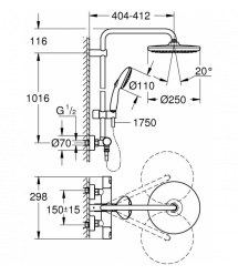 Grohe Душевая система Vitalio Start System 250 со смесителем-термостатом для душа, верхний душ, лейка, крепл. - на стойке, хром