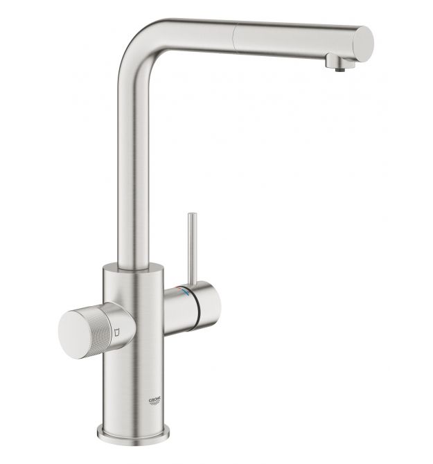 Grohe Смеситель для кухни Blue Pure Minta, дл.излива - 223мм, поворотный/вытяжной, 1+1фильтр, супер сталь