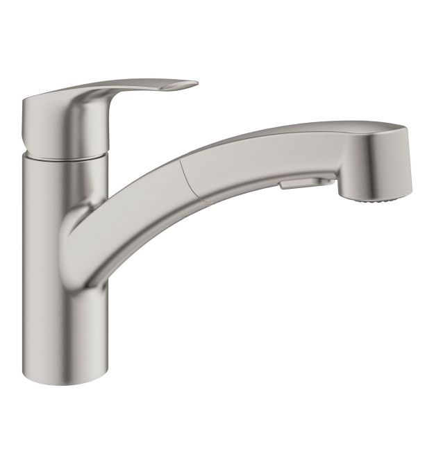 Grohe Смеситель для кухни Via, дл.излива - 227мм, поворотный/вытяжной, 1рычаг, супер сталь