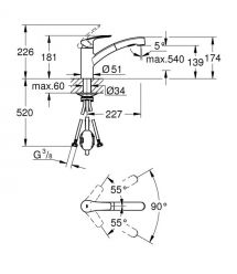 Grohe Смеситель для кухни Via, дл.излива - 227мм, поворотный/вытяжной, 1рычаг, супер сталь