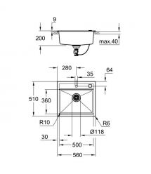 Grohe Мойка кухонная K700, гранит, прямоуг., без крыла, 560x510x200мм, чаша - 1, врезная, черный гранит